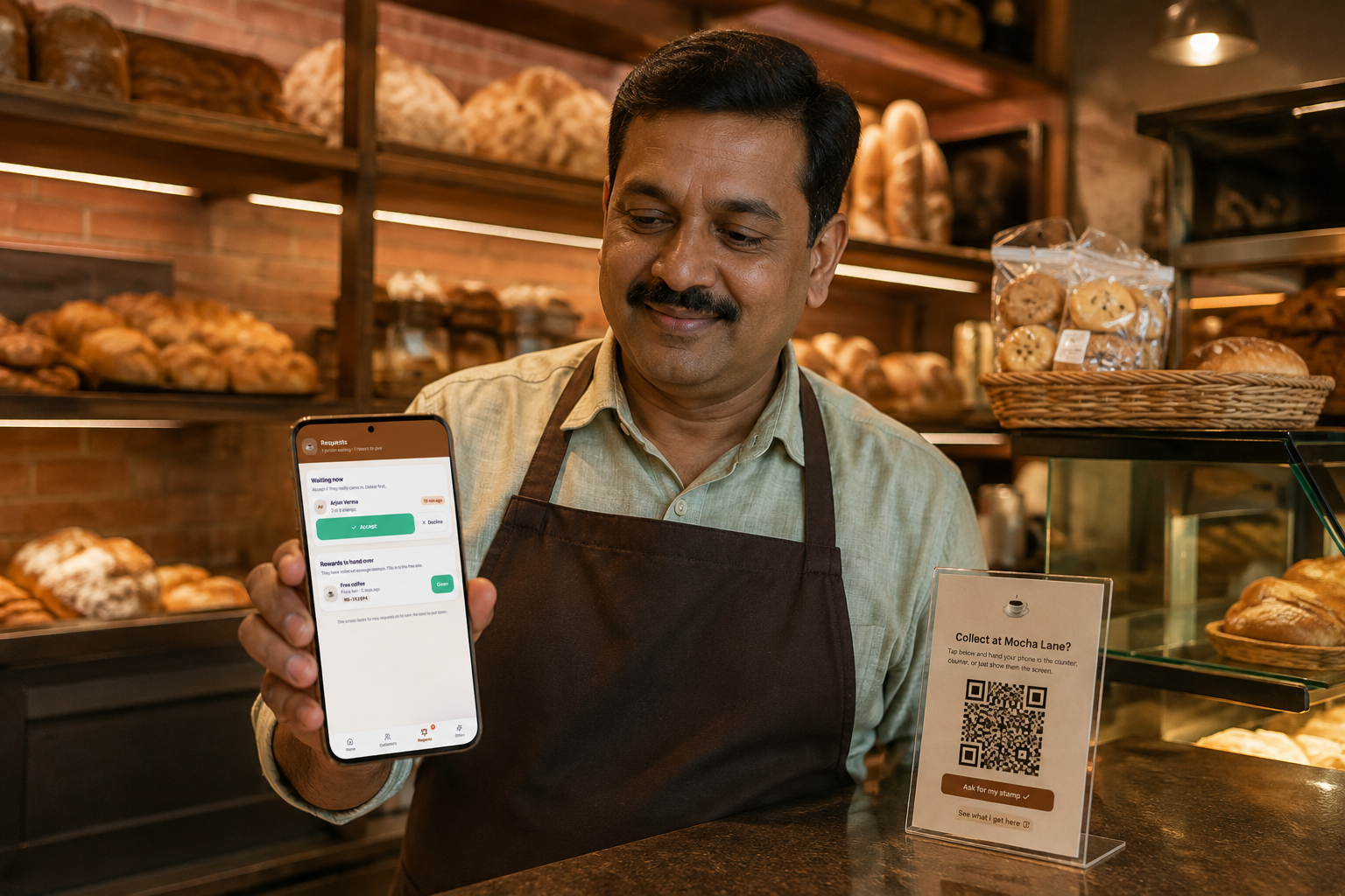 A bakery owner accepting a stamp request on the Rewardifyy owner app